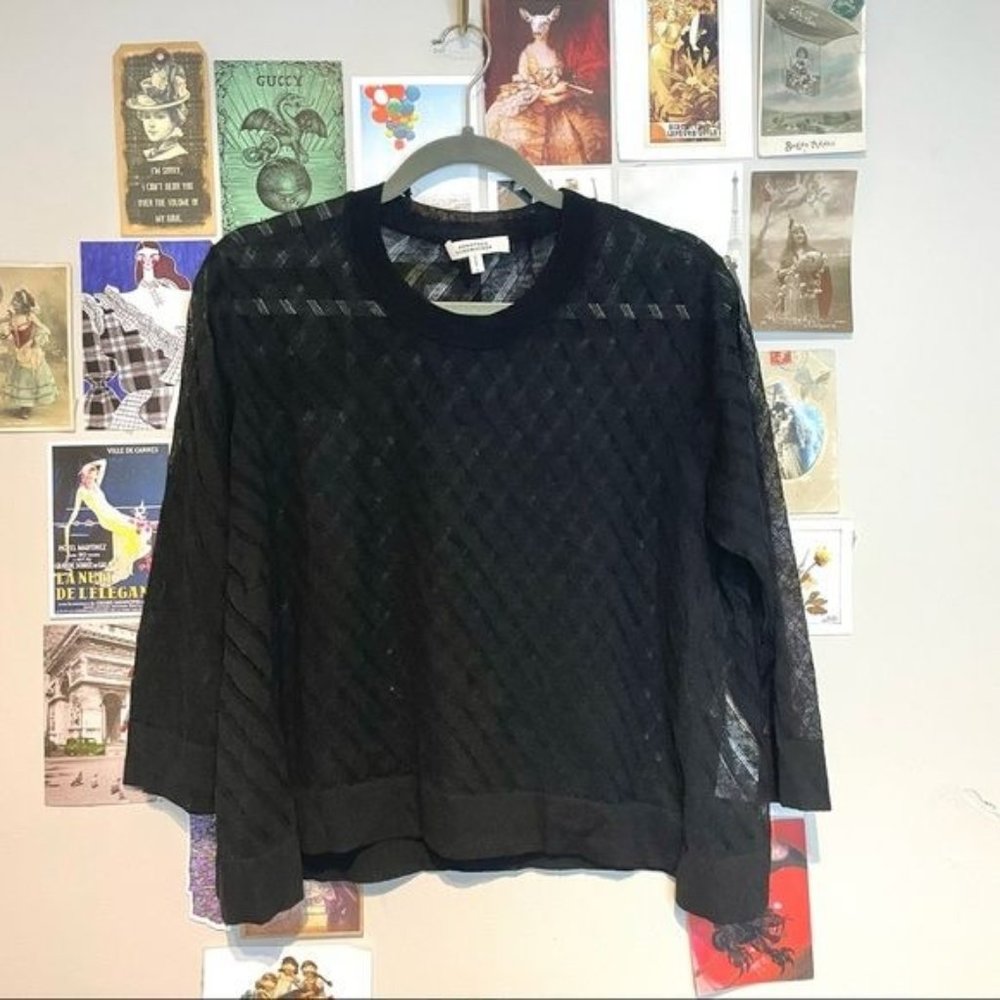 DOROTHEE SCHUMACHER SHEER STRIPED CREW NECK STEP HEM BOXY KNIT LINEN BLEND BLACK